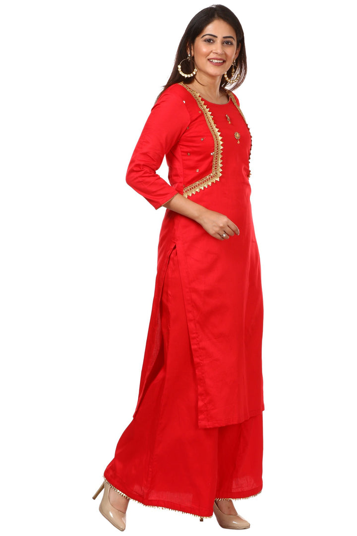 anokherang Combos Red Jacket Style Kurti with Flared Palazzos