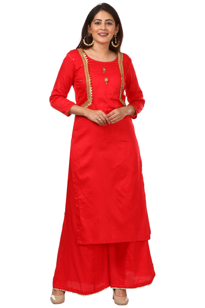 anokherang Combos Red Jacket Style Kurti with Flared Palazzos