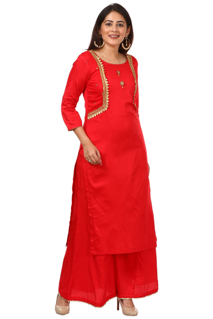 anokherang Combos Red Jacket Style Kurti with Flared Palazzos