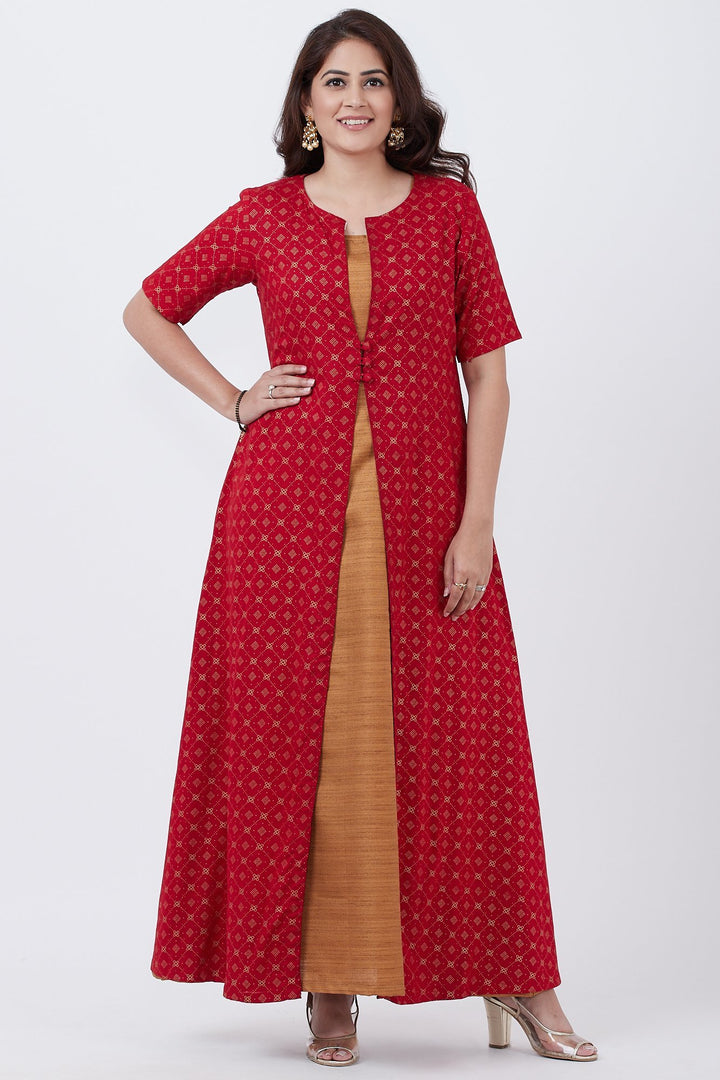 anokherang Combos Red Khadhi Jacket Kurti with Gold Kundan Floorlength