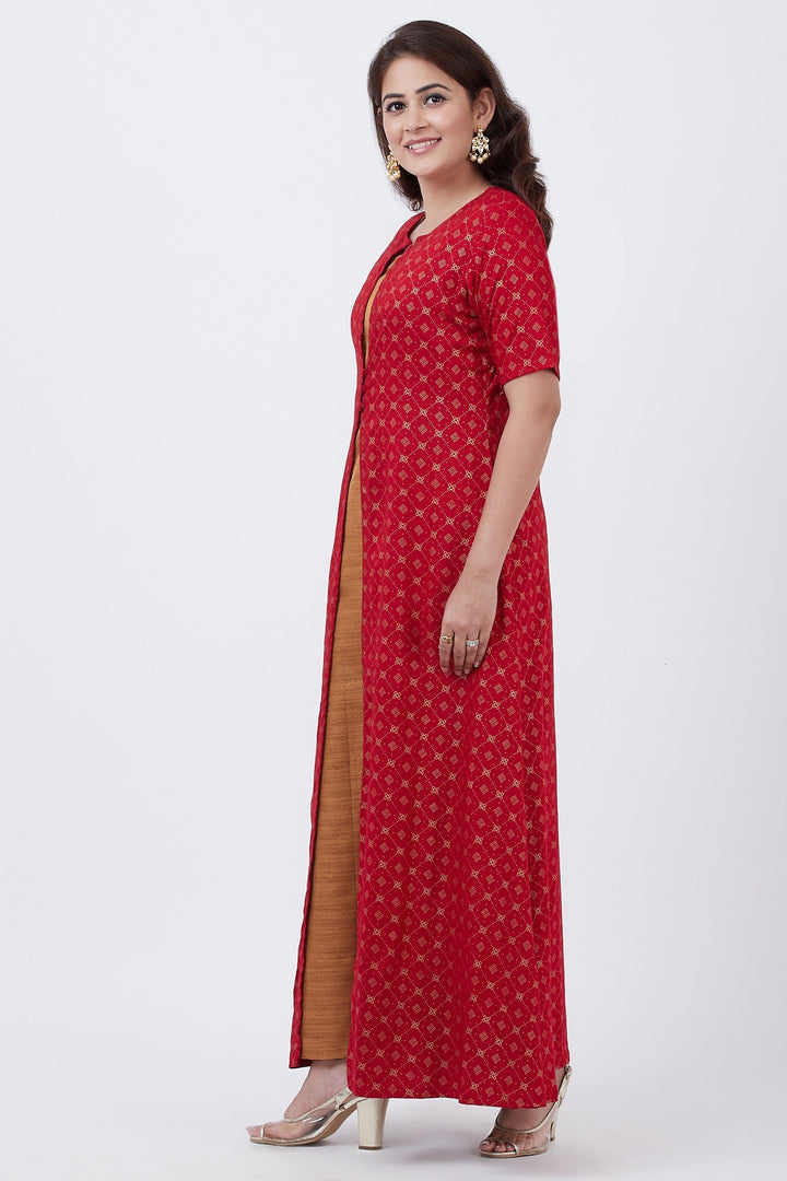 anokherang Combos Red Khadhi Jacket Kurti with Gold Kundan Floorlength