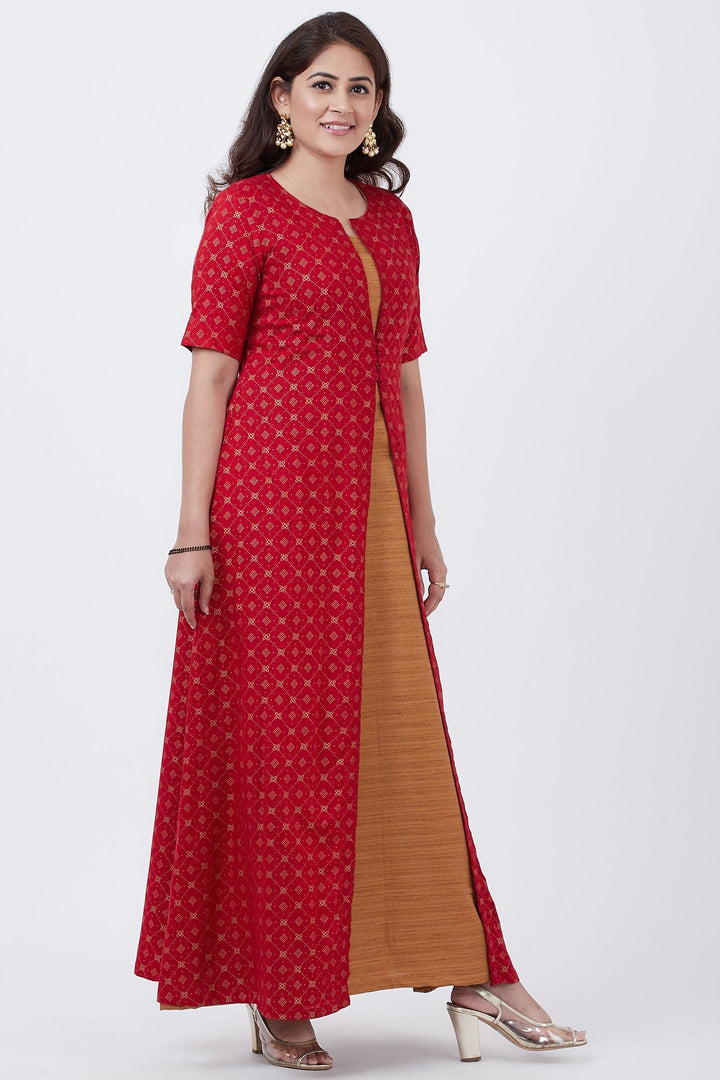 anokherang Combos Red Khadhi Jacket Kurti with Gold Kundan Floorlength