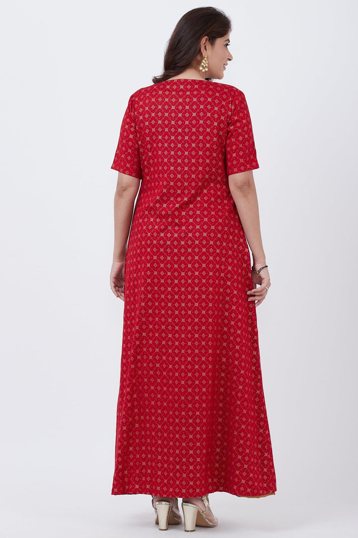 anokherang Combos Red Khadhi Jacket Kurti with Gold Kundan Floorlength