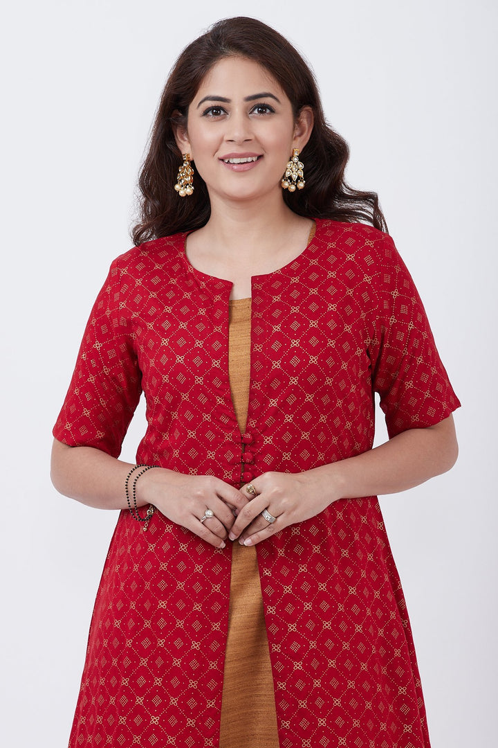 anokherang Combos Red Khadhi Jacket Kurti with Gold Kundan Floorlength