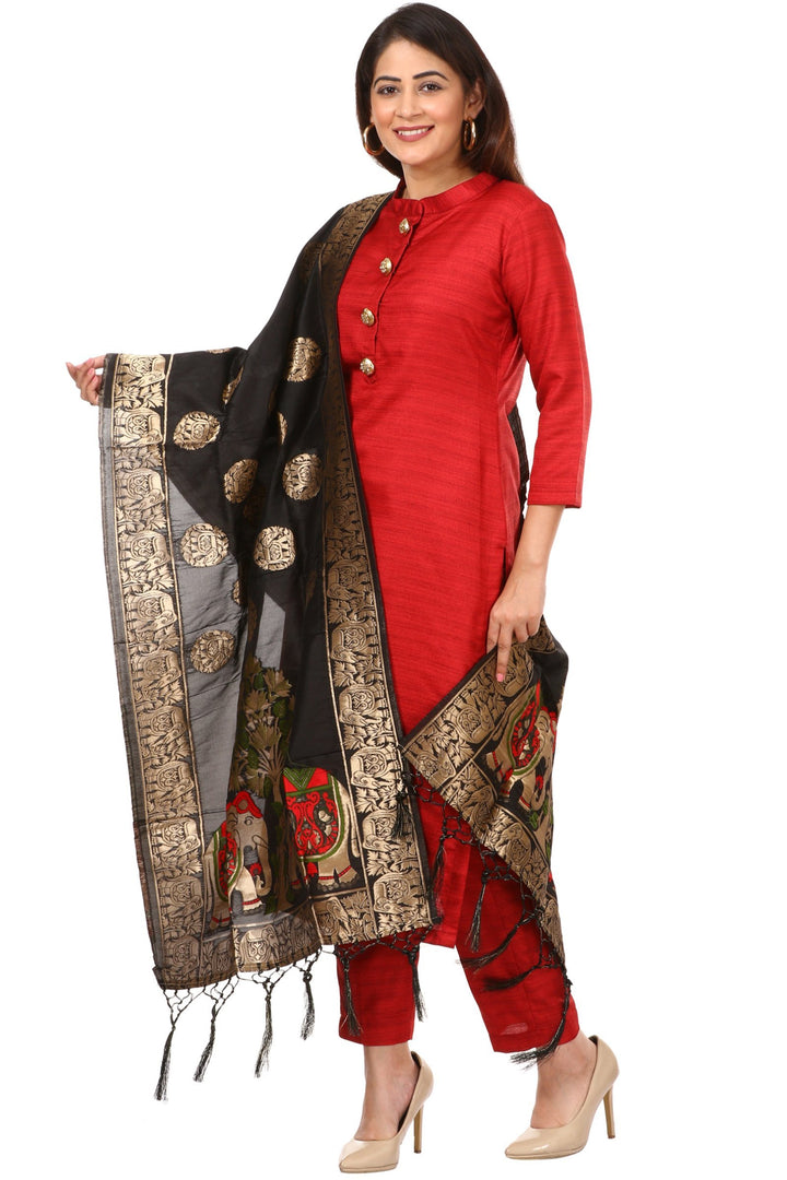 anokherang Combos Red Kundan Silk Kurti with Straight Pants and Black Banarsi Stole