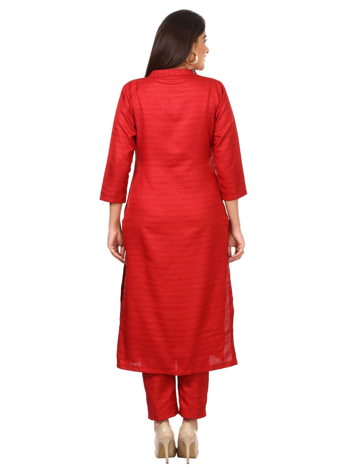 anokherang Combos Red Kundan Silk Kurti with Straight Pants and Golden Flower Dupatta