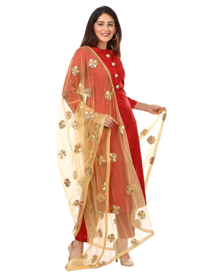 anokherang Combos Red Kundan Silk Kurti with Straight Pants and Golden Flower Dupatta