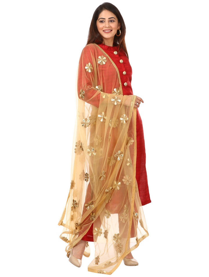 anokherang Combos Red Kundan Silk Kurti with Straight Pants and Golden Flower Dupatta