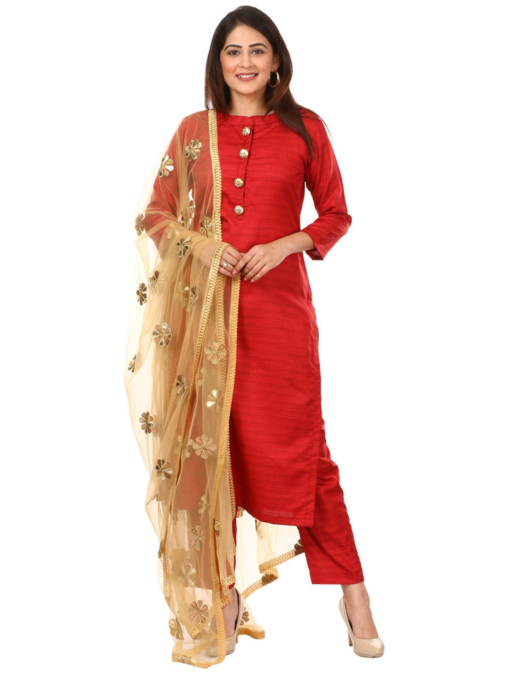 anokherang Combos Red Kundan Silk Kurti with Straight Pants and Golden Flower Dupatta