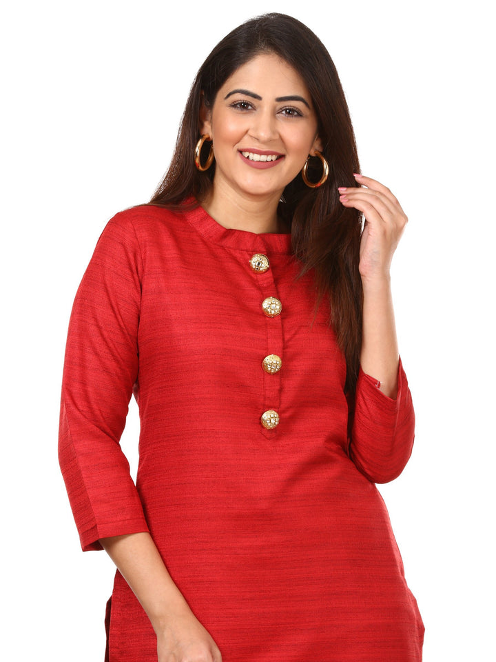 anokherang Combos Red Kundan Silk Kurti with Straight Pants and Golden Flower Dupatta