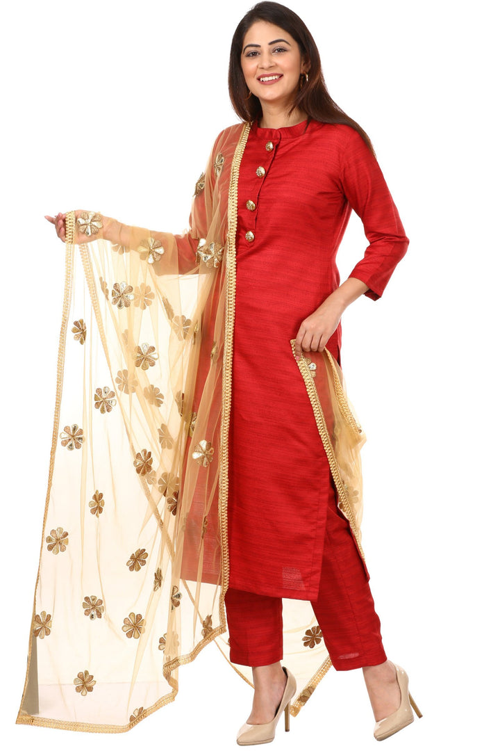 anokherang Combos Red Kundan Silk Kurti with Straight Pants and Golden Flower Dupatta
