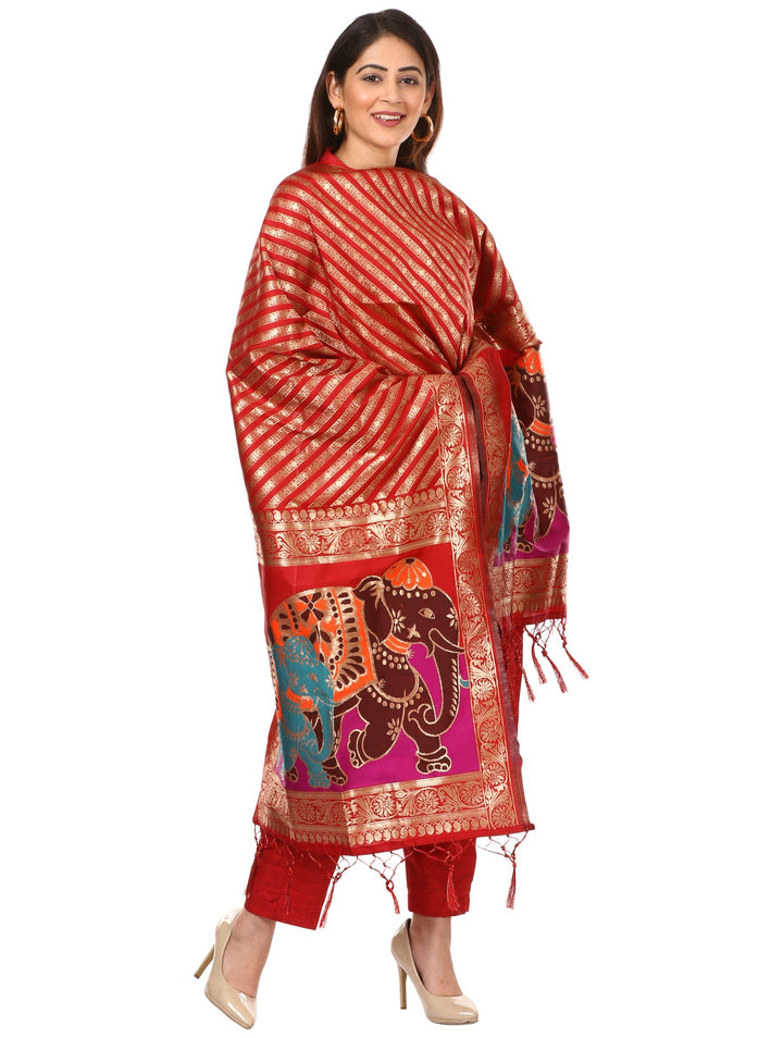 anokherang Combos Red Kundan Silk Kurti with Straight Pants and Red Elephant Banarsi Dupatta