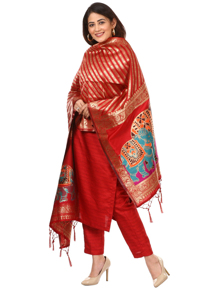anokherang Combos Red Kundan Silk Kurti with Straight Pants and Red Elephant Banarsi Dupatta