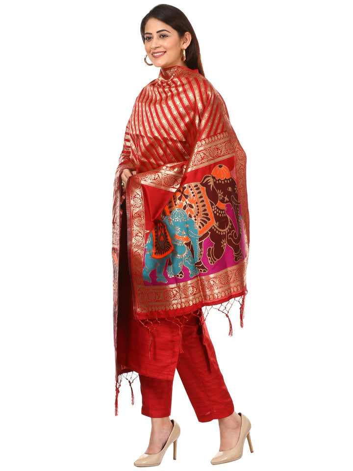 anokherang Combos Red Kundan Silk Kurti with Straight Pants and Red Elephant Banarsi Dupatta