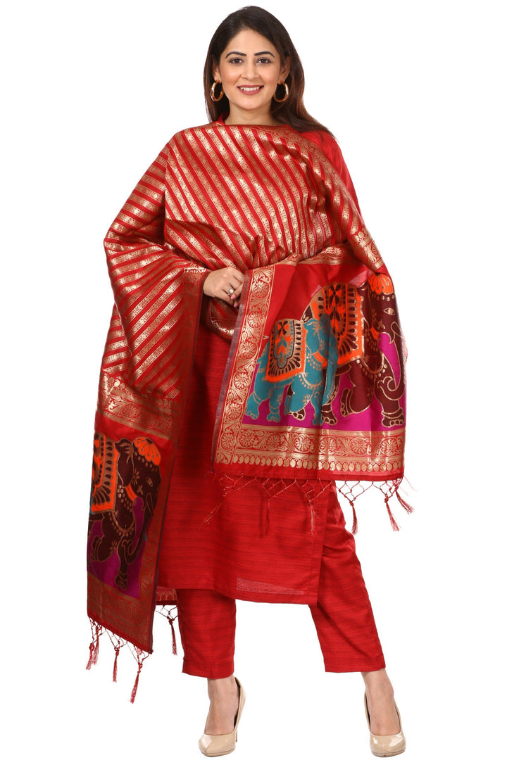 anokherang Combos Red Kundan Silk Kurti with Straight Pants and Red Elephant Banarsi Dupatta