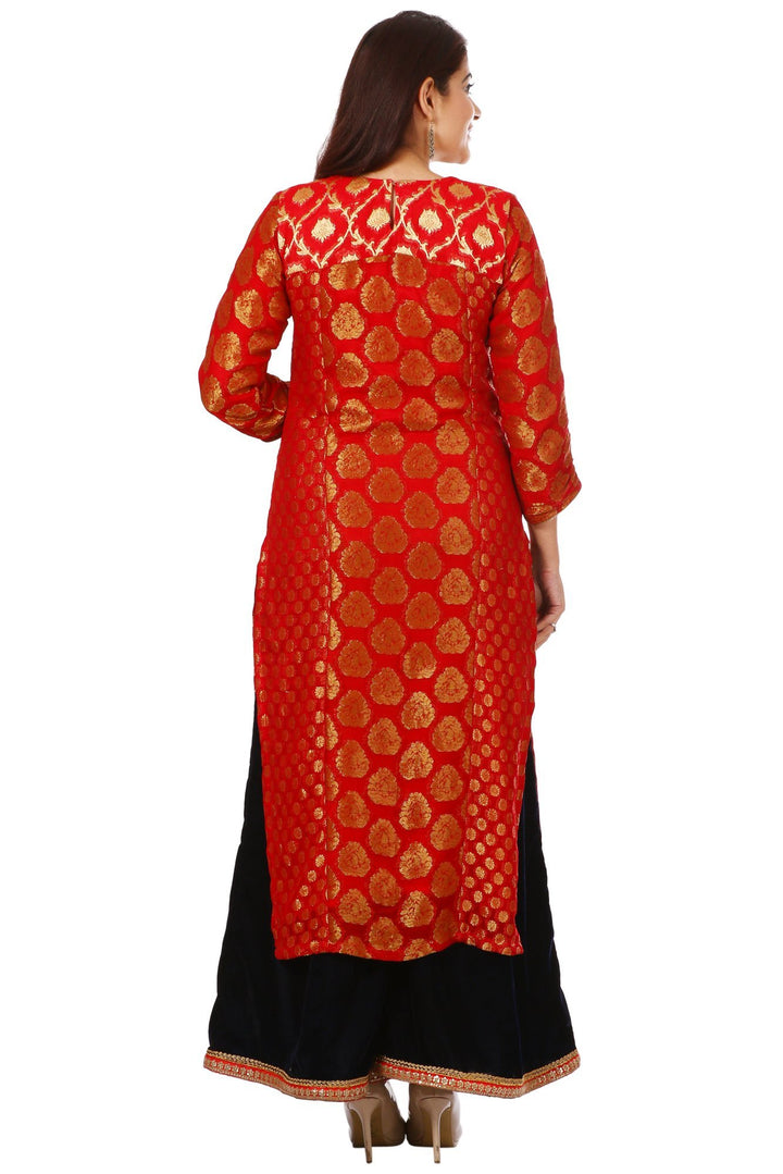 anokherang Combos Red Melange Georgette Banarasi Kurti and Navy Blue Kalidar Palazzo with Navy Blue Mirror Stars Velvet Stole