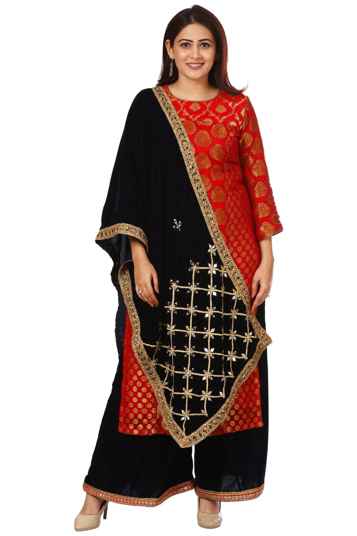 anokherang Combos Red Melange Georgette Banarasi Kurti and Navy Blue Kalidar Palazzo with Navy Blue Mirror Stars Velvet Stole