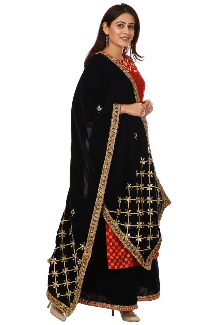 anokherang Combos Red Melange Georgette Banarasi Kurti and Navy Blue Kalidar Palazzo with Navy Blue Mirror Stars Velvet Stole