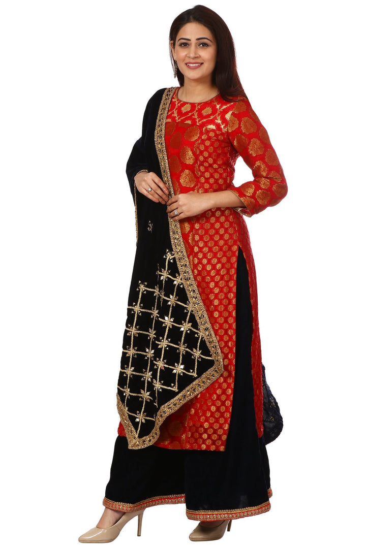 anokherang Combos Red Melange Georgette Banarasi Kurti and Navy Blue Kalidar Palazzo with Navy Blue Mirror Stars Velvet Stole
