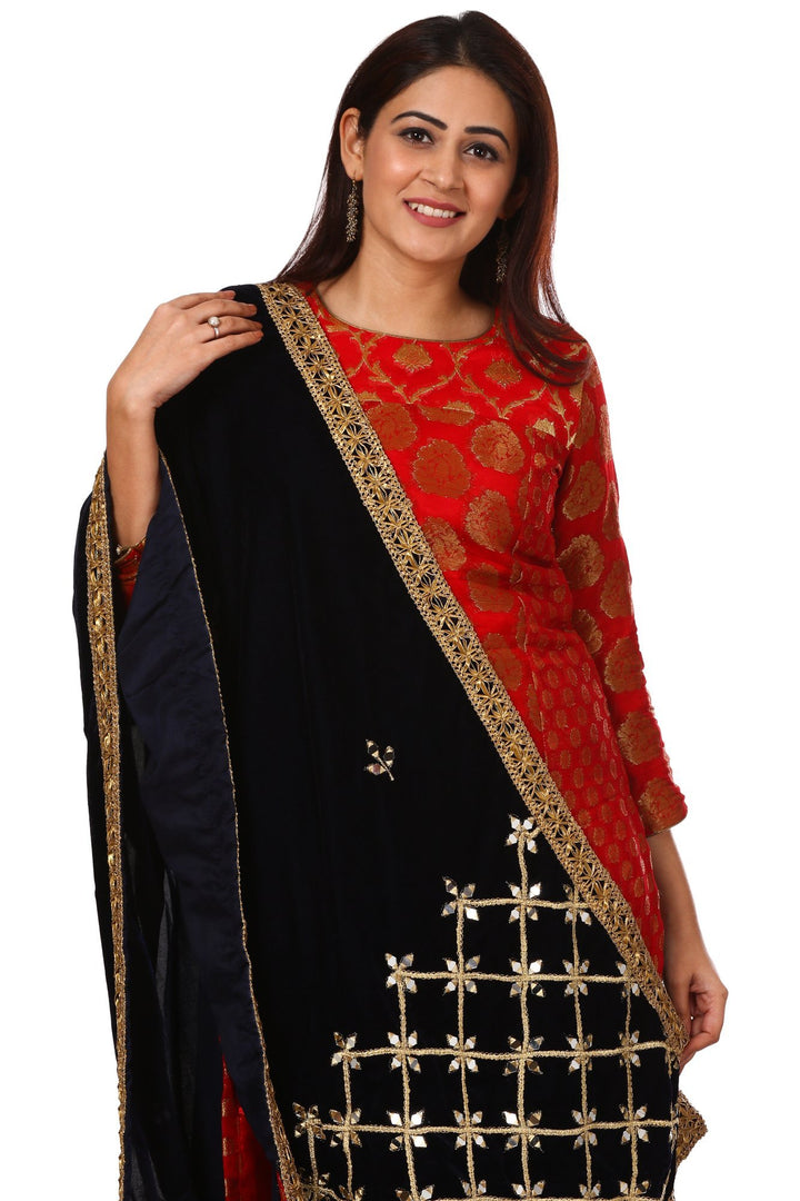 anokherang Combos Red Melange Georgette Banarasi Kurti and Navy Blue Kalidar Palazzo with Navy Blue Mirror Stars Velvet Stole