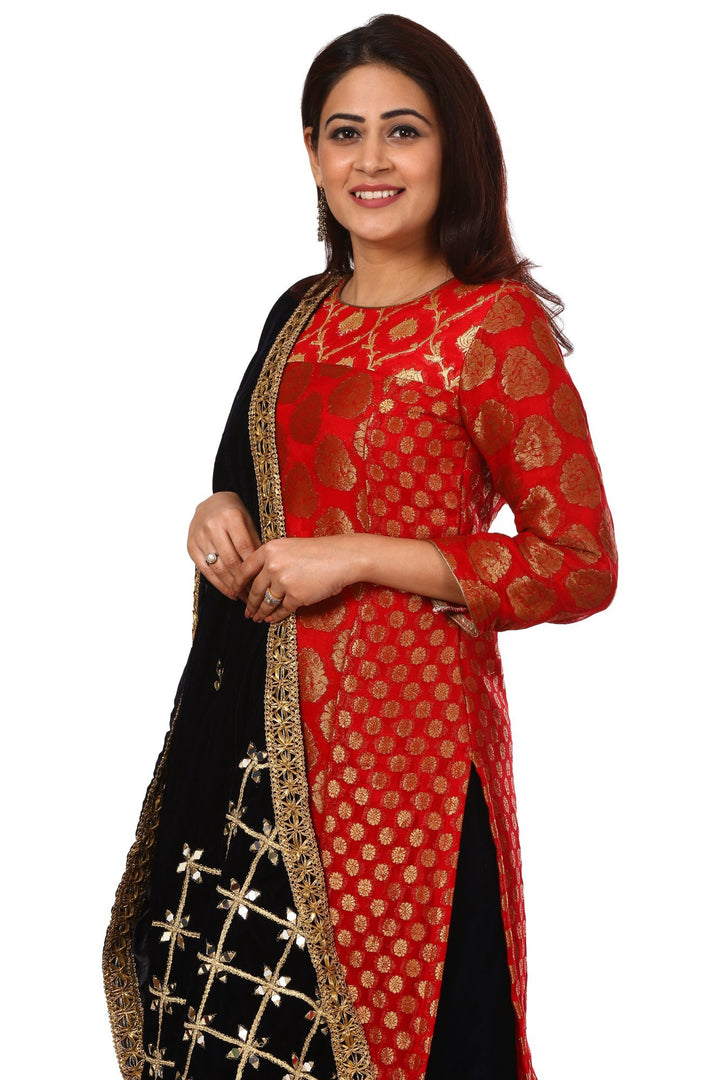 anokherang Combos Red Melange Georgette Banarasi Kurti and Navy Blue Kalidar Palazzo with Navy Blue Mirror Stars Velvet Stole