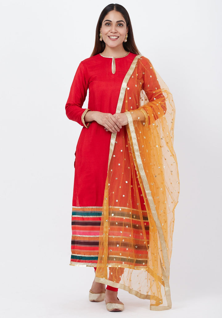 anokherang Combos Red Multi-Border Kurti with Staright Pants and Sequenced Dupatta