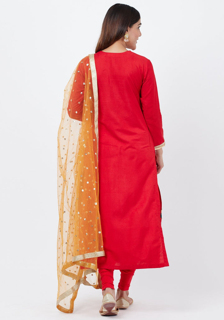 anokherang Combos Red Multi-Border Kurti with Staright Pants and Sequenced Dupatta