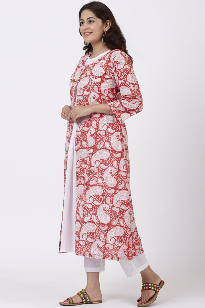 anokherang Combos Red Paisley Cape Kurti with Straight Pants