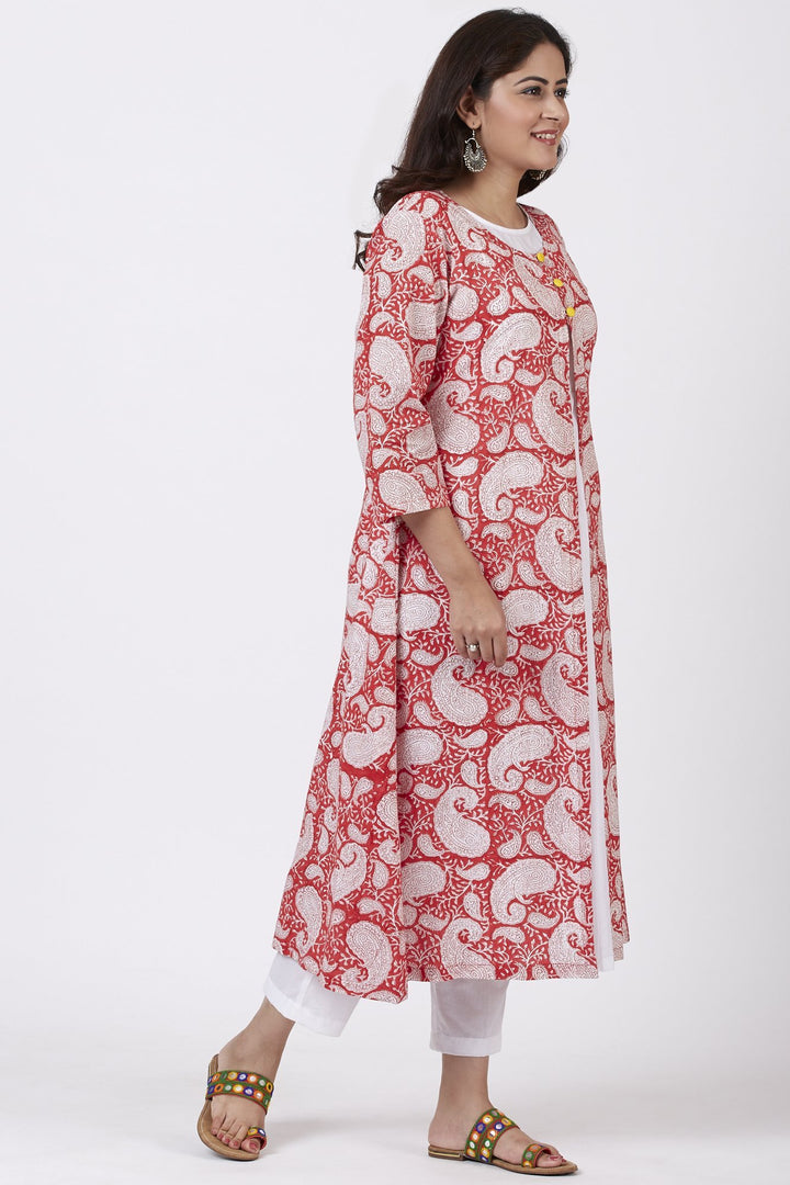 anokherang Combos Red Paisley Cape Kurti with Straight Pants