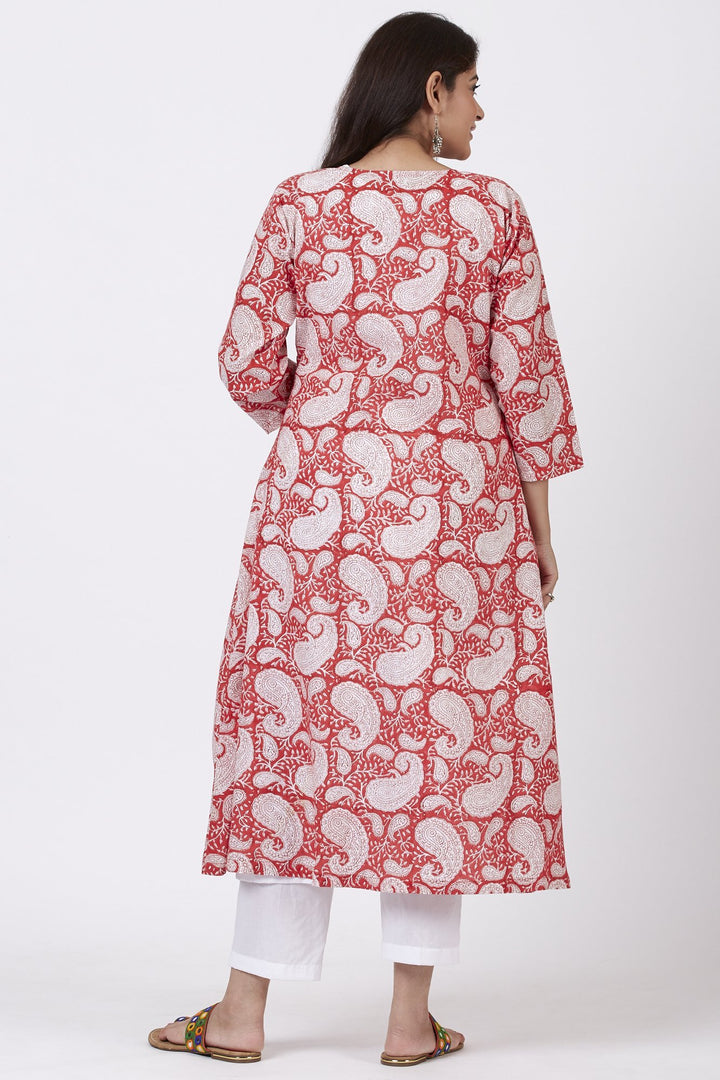 anokherang Combos Red Paisley Cape Kurti with Straight Pants
