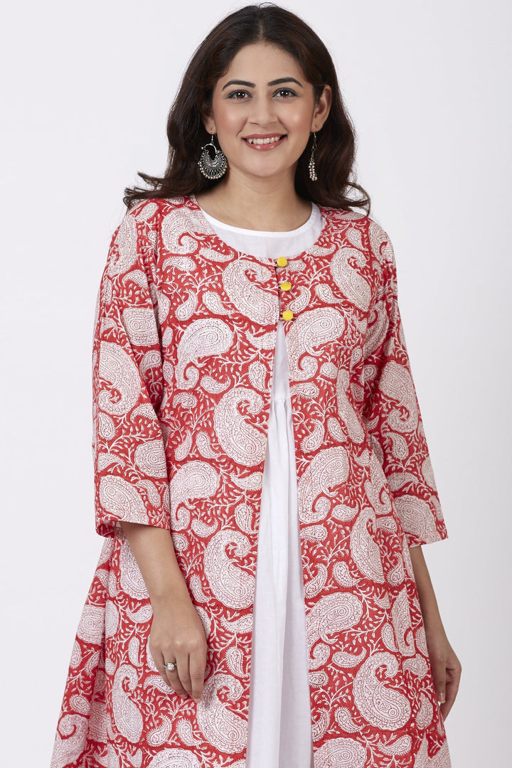 anokherang Combos Red Paisley Cape Kurti with Straight Pants