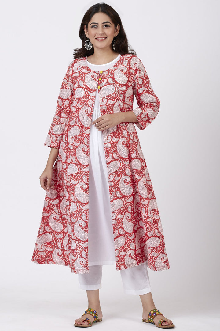 anokherang Combos Red Paisley Cape Kurti with Straight Pants