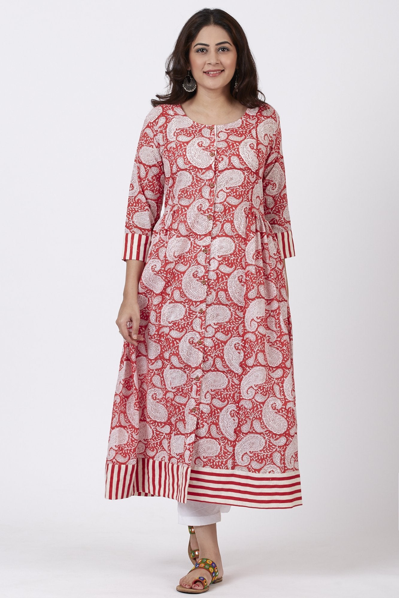 Red Paisley Printed A-line Side Gathered Kurti with Straight White Pan ...