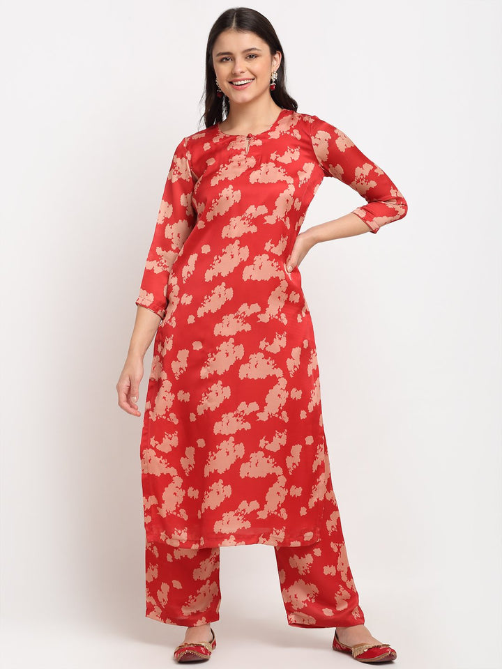 anokherang Combos Red Printed Straight Kurti with Printed Palazzo