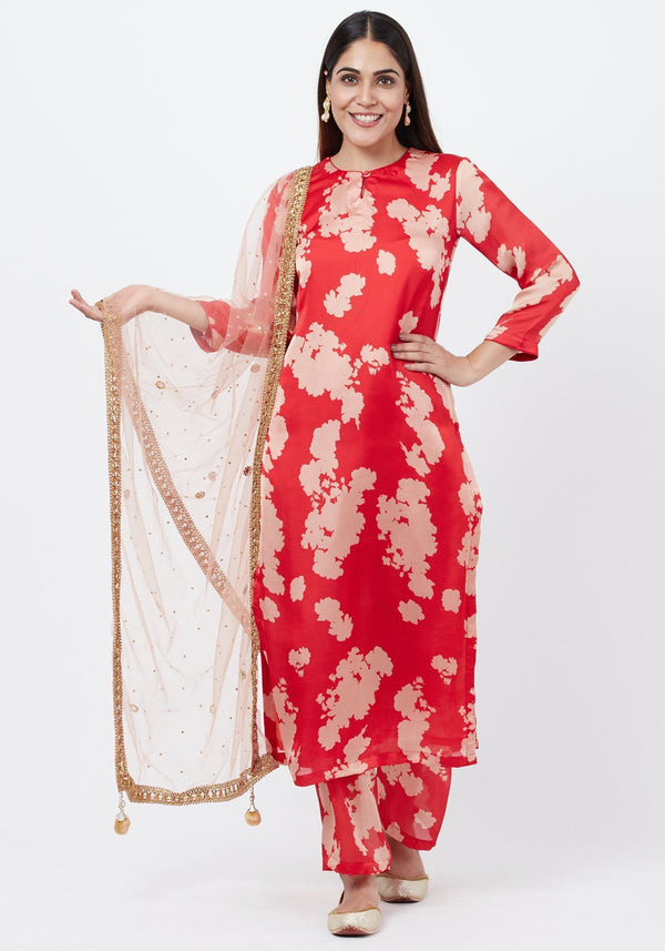 anokherang Combos Red Printed Straight Kurti with Printed Palazzo and Mirror Dupatta