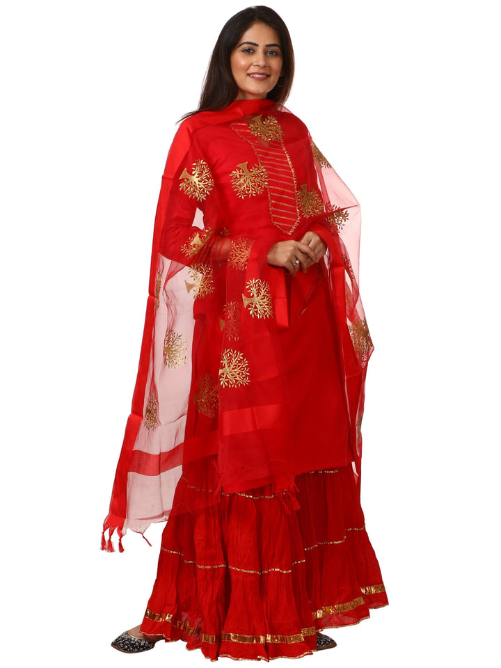 anokherang Combos Red Shine Kurti with Gathered Sharara and Embroidered Dupatta