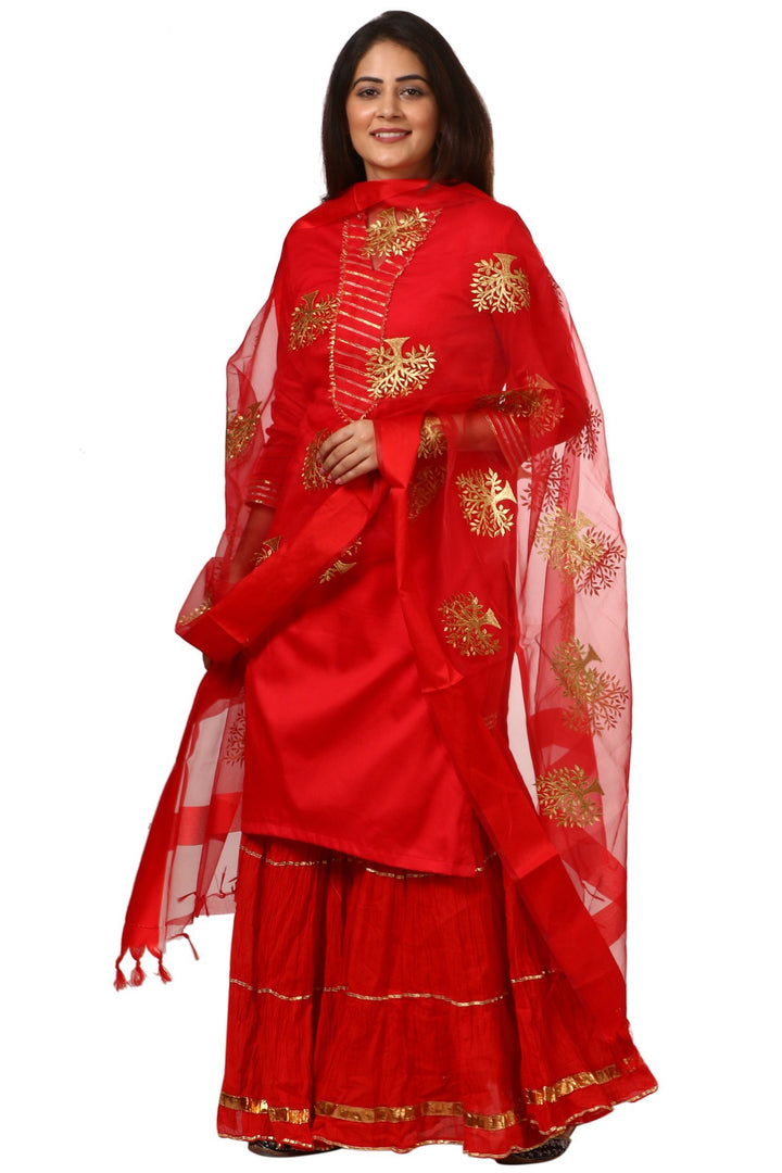 anokherang Combos Red Shine Kurti with Gathered Sharara and Embroidered Dupatta