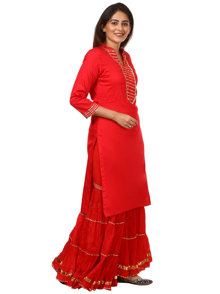 anokherang Combos Red Shine Kurti with Gotta Gathered Sharara