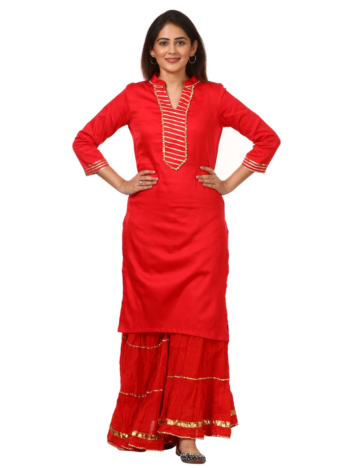 anokherang Combos Red Shine Kurti with Gotta Gathered Sharara