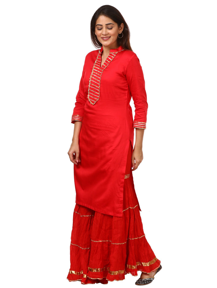 anokherang Combos Red Shine Kurti with Gotta Gathered Sharara