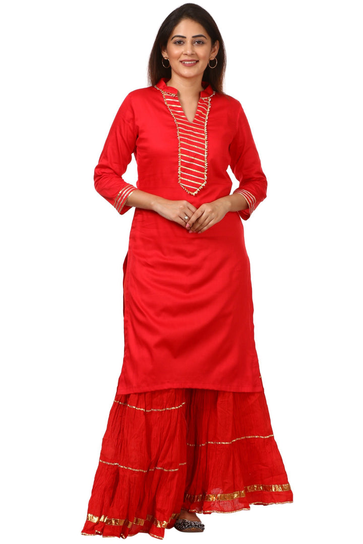 anokherang Combos Red Shine Kurti with Gotta Gathered Sharara