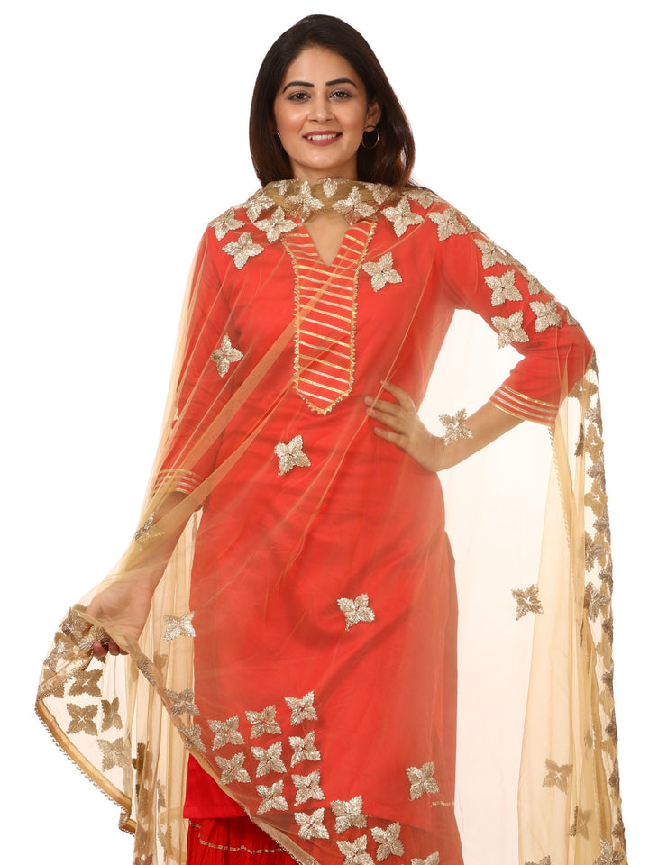 anokherang Combos Red Shine Kurti with Gotta Gathered Sharara and Gold Net Light Gold Gotta Dupatta