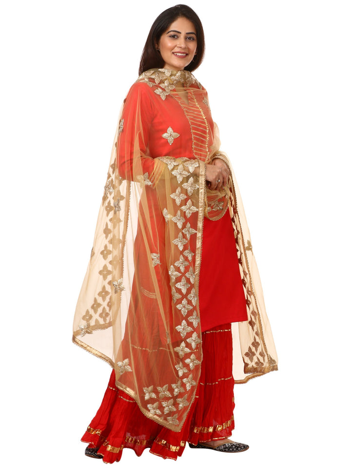 anokherang Combos Red Shine Kurti with Gotta Gathered Sharara and Gold Net Light Gold Gotta Dupatta