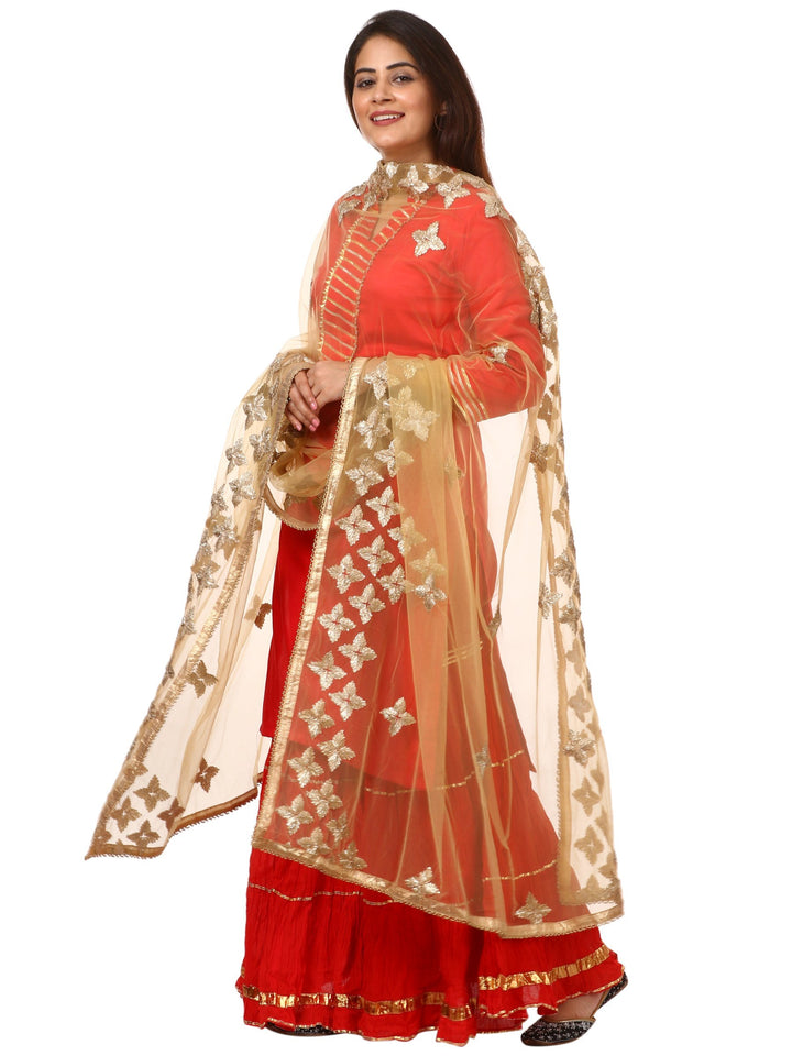 anokherang Combos Red Shine Kurti with Gotta Gathered Sharara and Gold Net Light Gold Gotta Dupatta