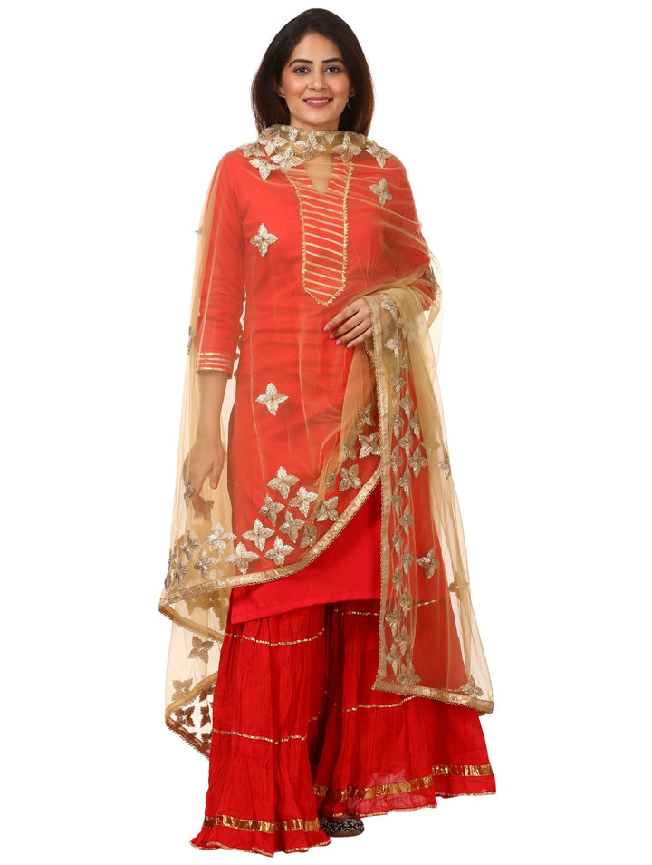 anokherang Combos Red Shine Kurti with Gotta Gathered Sharara and Gold Net Light Gold Gotta Dupatta