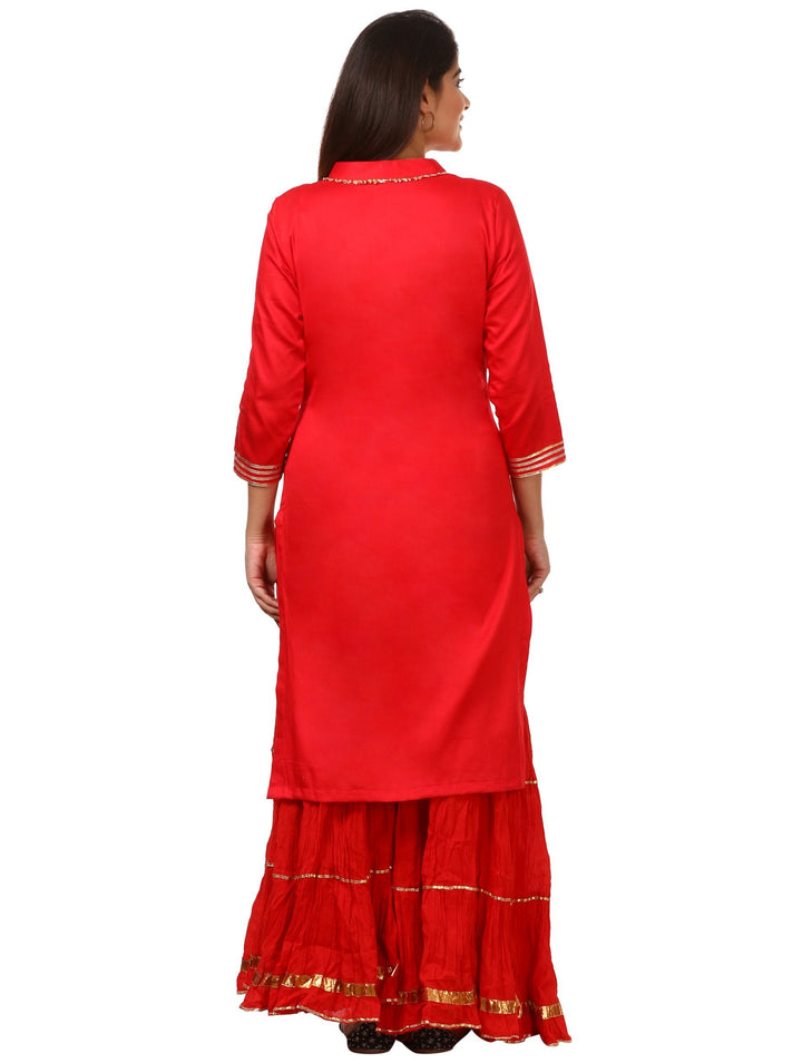 anokherang Combos Red Shine Kurti with Gotta Gathered Sharara and Red Gotta Patti Chiffon Dupatta