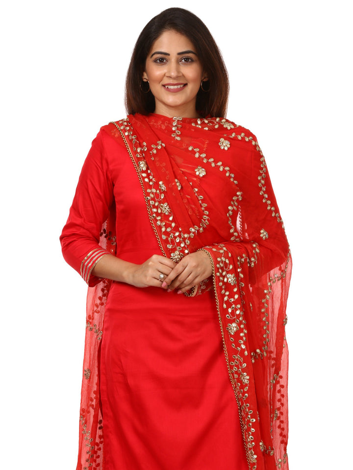 anokherang Combos Red Shine Kurti with Gotta Gathered Sharara and Red Gotta Patti Chiffon Dupatta