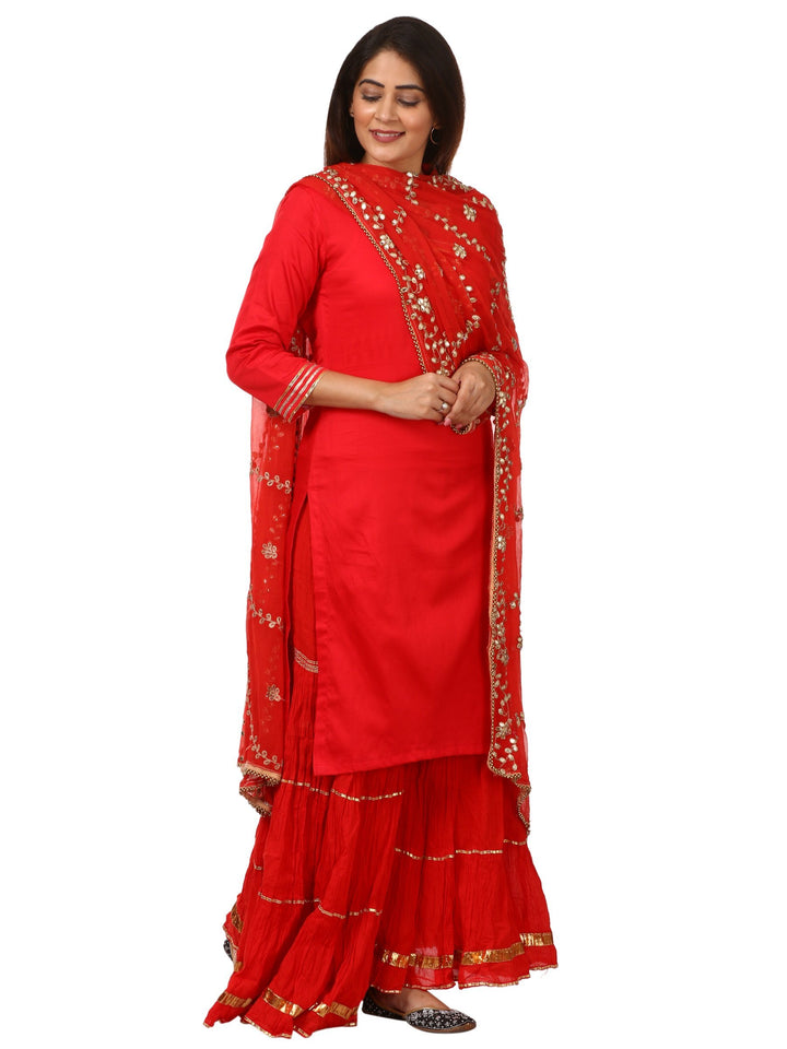 anokherang Combos Red Shine Kurti with Gotta Gathered Sharara and Red Gotta Patti Chiffon Dupatta
