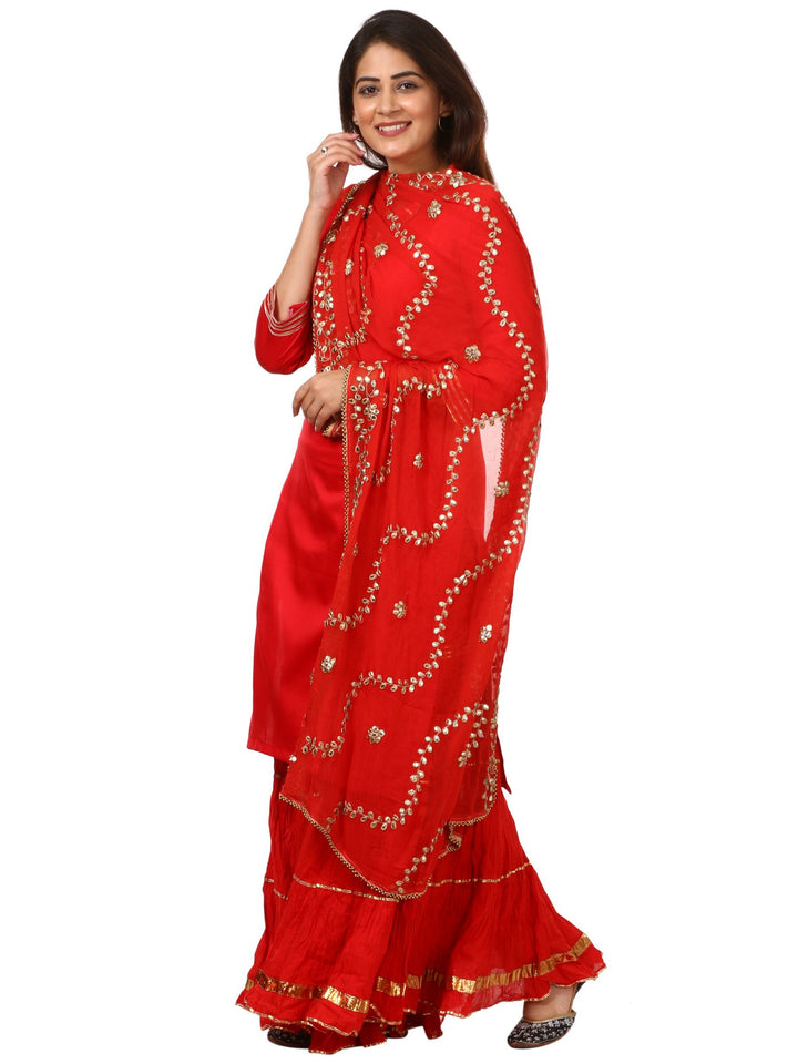 anokherang Combos Red Shine Kurti with Gotta Gathered Sharara and Red Gotta Patti Chiffon Dupatta