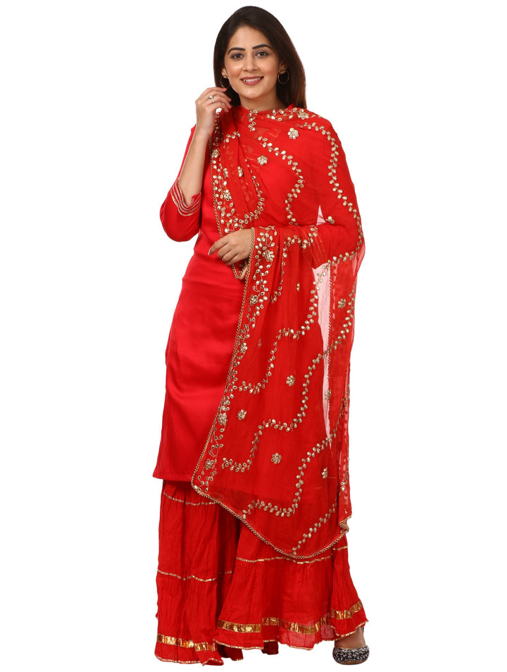 anokherang Combos Red Shine Kurti with Gotta Gathered Sharara and Red Gotta Patti Chiffon Dupatta